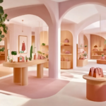 Una boutique moderna con arredi rosa e beige, che espone le borse su tavoli e scaffali di legno rotondi, con grandi archi e piante da interno: uno spazio di ispirazione per I sette modi per lanciare la tua collezione (e il tuo Brand) sul mercato.