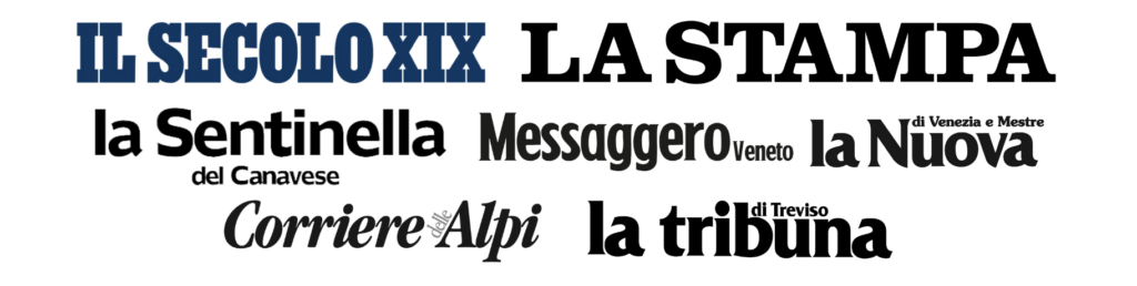 Loghi di vari giornali italiani, tra cui IL SECOLO XIX, LA STAMPA, la Sentinella, il Messaggero Veneto, la Nuova, il Corriere Alpi e la tribuna.