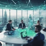 Sei professionisti in abito da lavoro siedono intorno a un tavolo rotondo in un ufficio moderno con vista sulla città, circondati da computer portatili e grafici digitali di rete, collaborando alle strategie per migliorare il posizionamento digitale.