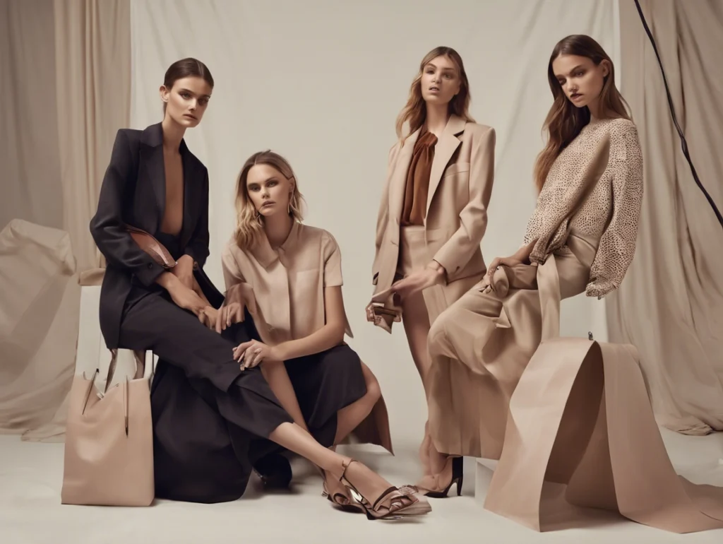 Quattro donne posano insieme in abiti alla moda dai toni neutri, incarnando una raffinata strategia di produzione, sedute e in piedi su uno sfondo di tessuto beige drappeggiato.