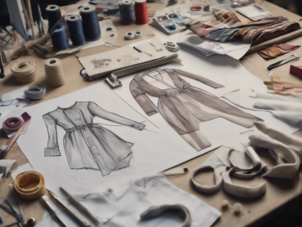 Uno spazio di lavoro con schizzi di cappotti di design di moda, circondati da campioni di tessuto, metro, rocchetti di filo, forbici e strumenti per cucire: l'ideale per la Produzione Abbigliamento Conto Terzi Piccole Quantità.