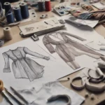 Uno spazio di lavoro con schizzi di cappotti di design di moda, circondati da campioni di tessuto, metro, rocchetti di filo, forbici e strumenti per cucire: l'ideale per la Produzione Abbigliamento Conto Terzi Piccole Quantità.