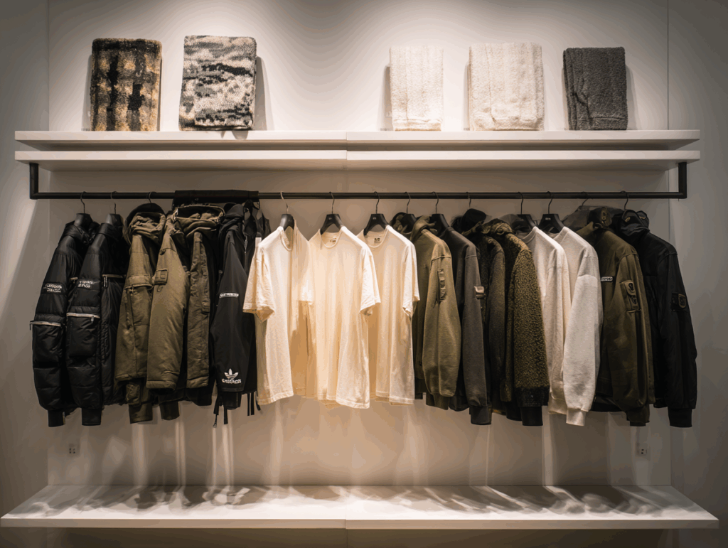 Uno scaffale di abbigliamento espone giacche verdi scure e nere, magliette bianche e maglioni, con asciugamani o coperte piegati sullo scaffale sovrastante: tutti esempi perfetti di produzione abbigliamento conto terzi piccole quantità.