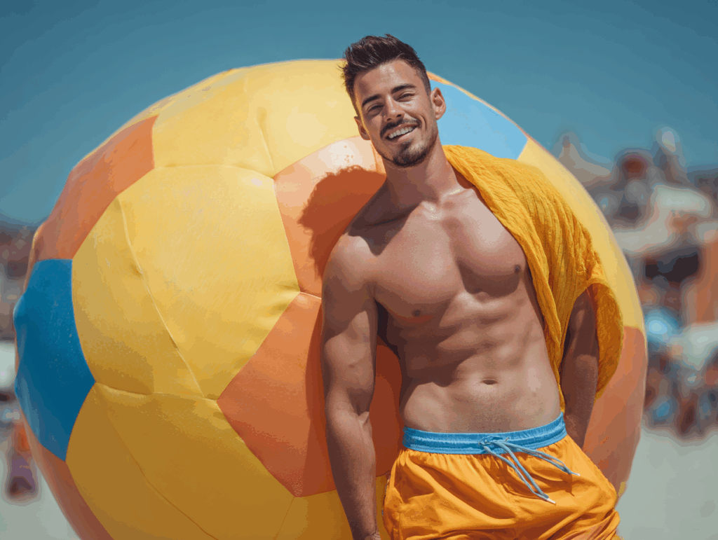 Un uomo in costume da bagno arancione e camicia aperta si appoggia a un grande pallone da spiaggia colorato su una spiaggia assolata.