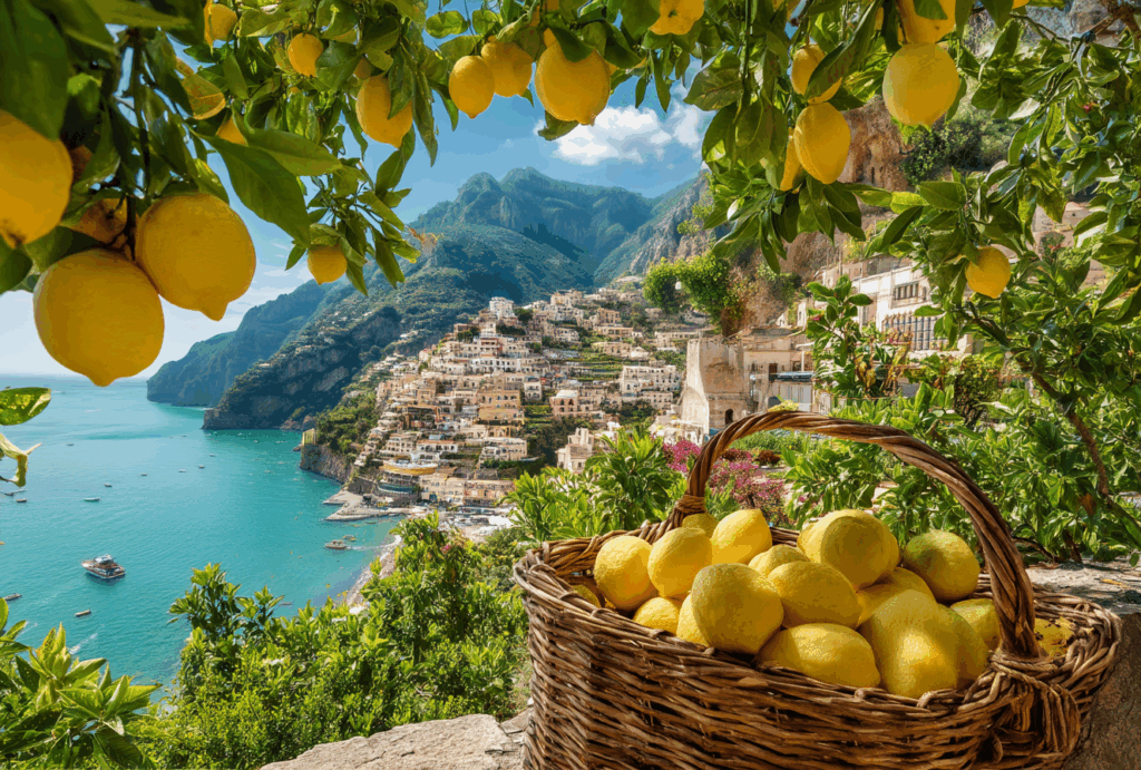 Un cesto di limoni si trova su una sporgenza che domina la città costiera di Positano, in Italia, con alberi di limoni e il mare sullo sfondo.