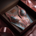 Un reggiseno decorativo a motivi floreali nei toni del blu, dell'oro e del rosa è esposto ordinatamente all'interno di una scatola regalo marrone su un fondale in tessuto rosa satinato: un tocco d'ispirazione per chi desidera creare un marchio di costumi da bagno.