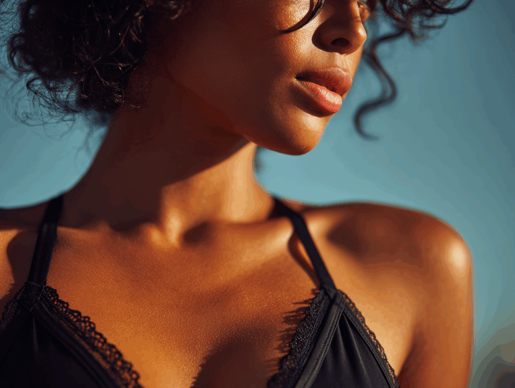 Primo piano di una donna che indossa un top nero bordato di pizzo, che mostra il collo, le spalle e la parte inferiore del viso: un'ispirazione perfetta se si vuole creare un marchio di costumi da bagno con dettagli eleganti. Lo sfondo esterno sfocato aggiunge un'atmosfera fresca.