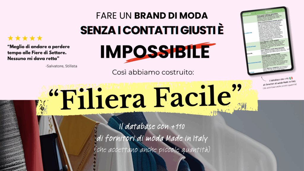 Testo grafico italiano che promuove un database di sourcing di moda con oltre 110 fornitori italiani per la produzione abbigliamento conto terzi piccole quantità, con testimonial in evidenza, titoli in grassetto e l'immagine di un tablet.