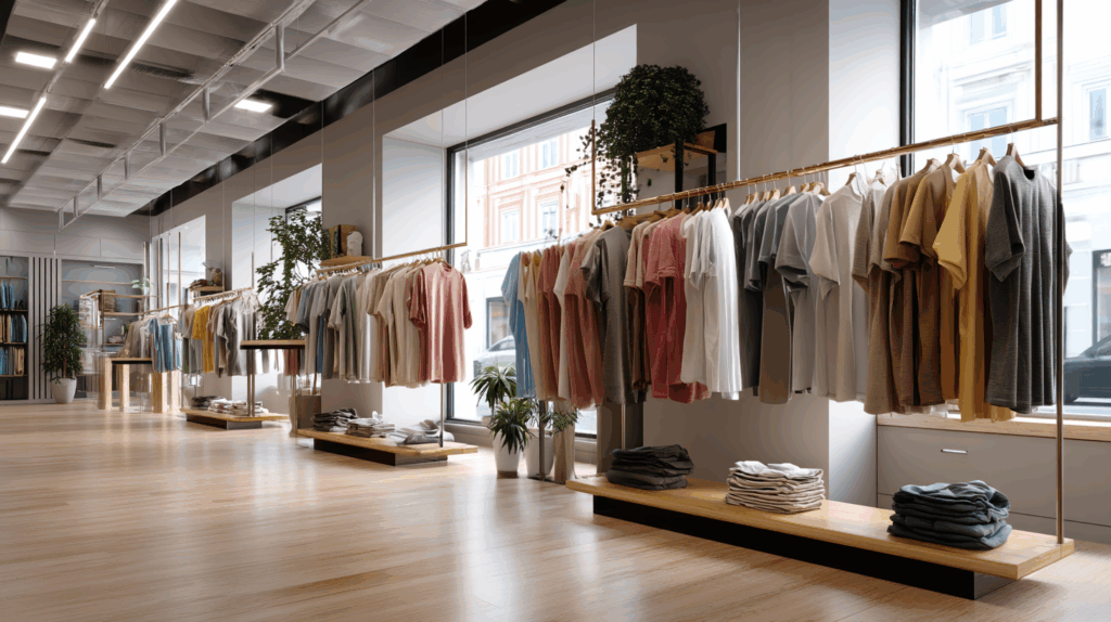 L'interno di un moderno negozio di abbigliamento è caratterizzato da camicie ordinate su scaffali, capi piegati su scaffali di legno, ampie vetrine e piante in vaso: l'ideale per Produzione Abbigliamento Conto Terzi Piccole Quantità.