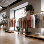 L'interno di un moderno negozio di abbigliamento è caratterizzato da camicie ordinate su scaffali, capi piegati su scaffali di legno, ampie vetrine e piante in vaso: l'ideale per Produzione Abbigliamento Conto Terzi Piccole Quantità.
