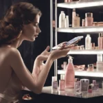 Una donna usa il suo smartphone mentre è seduta davanti a un vanity pieno di vari prodotti per la cura della pelle e cosmetici disposti su scaffali, illustrando come la Psicologia del Product Design possa influenzare le routine quotidiane e far sì che alcuni prodotti creino dipendenza.