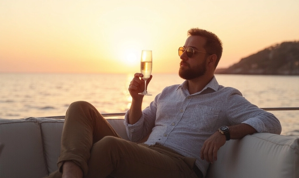 Un uomo con gli occhiali da sole è seduto su una barca al tramonto, con un bicchiere di champagne in mano e l'essenza del lusso in mano mentre guarda l'acqua.