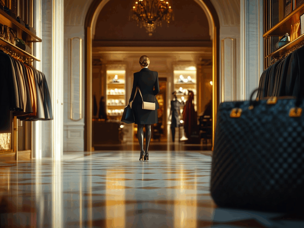 Una donna in cappotto nero e tacchi a spillo attraversa una boutique di lusso, dove il design esperto dei prodotti è evidente nell'esposizione di borse e abiti firmati lungo il corridoio ornato e pavimentato in marmo.