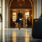 Una donna in cappotto nero e tacchi a spillo attraversa una boutique di lusso, dove il design esperto dei prodotti è evidente nell'esposizione di borse e abiti firmati lungo il corridoio ornato e pavimentato in marmo.