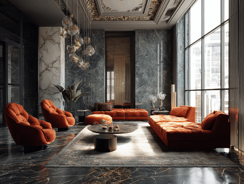 Lussuoso soggiorno con pavimenti in marmo, grandi finestre, soffitto decorato, divani in velluto arancione, illuminazione moderna ispirata al design dei prodotti, piante e un tavolino rotondo su un tappeto a motivi.