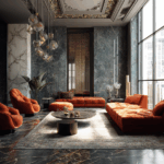 Lussuoso soggiorno con pavimenti in marmo, grandi finestre, soffitto decorato, divani in velluto arancione, illuminazione moderna ispirata al design dei prodotti, piante e un tavolino rotondo su un tappeto a motivi.
