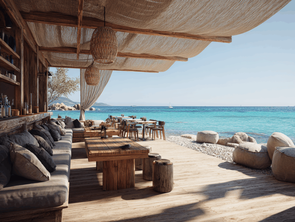Il ristorante in legno sulla spiaggia, con tavoli, panche imbottite e luci sospese sotto una tettoia, mostra un prodotto dal design accurato, con vista sul mare azzurro e sulla spiaggia di ciottoli in una giornata di sole.