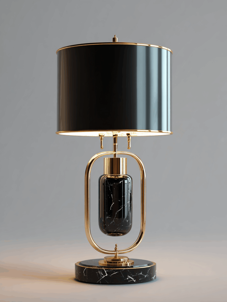 Una moderna lampada da tavolo dal design accurato, con paralume cilindrico nero, struttura in metallo dorato, base e centro in marmo nero su una superficie neutra. Una moderna lampada da tavolo dal design accurato, con paralume cilindrico nero, struttura in metallo dorato, base e centro in marmo nero su una superficie neutra.