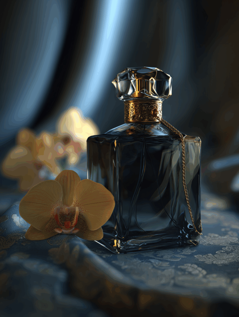 Un flacone di profumo in vetro scuro con tappo e catenella decorativi in oro, che mostra un prodotto di squisito design, è appoggiato su un tessuto a fantasia, con orchidee gialle sullo sfondo. Un flacone di profumo in vetro scuro con tappo e catenella decorativi in oro, che mostra un prodotto di squisito design, è appoggiato su un tessuto a fantasia, con orchidee gialle sullo sfondo.