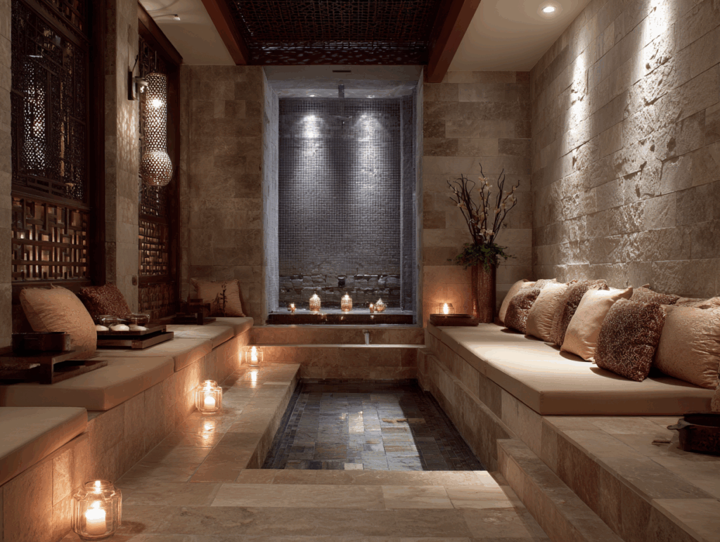 Una serena sala termale mostra un design accurato con panche in pietra, cuscini decorativi, un gioco d'acqua centrale, lume di candela e un'illuminazione d'ambiente soffusa che crea un'atmosfera rilassante.