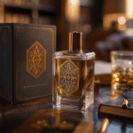 Un flacone di profumo in vetro con un'etichetta dorata e ornata, che mostra un prodotto dal design elegante, si trova accanto alla sua scatola corrispondente su una scrivania, accanto a un drink, un libro e degli occhiali in una stanza dalla luce calda.