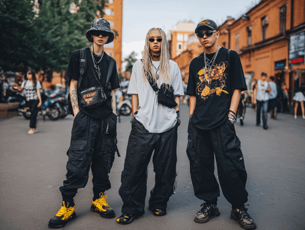 Tre giovani che indossano abiti streetwear scuri e oversize e che mostrano un audace Product Design si trovano insieme in una strada della città, con edifici e persone sullo sfondo.