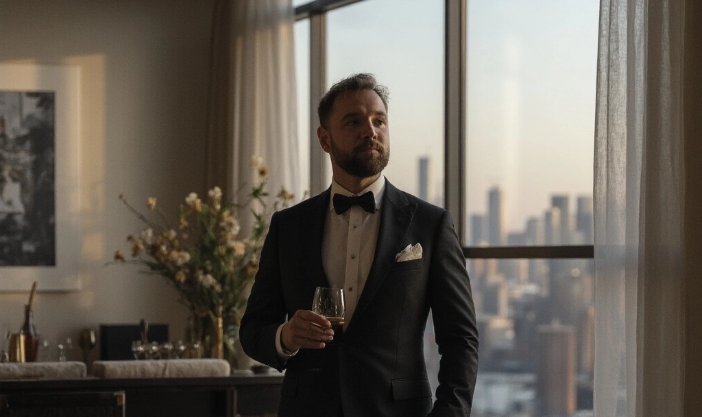 Un uomo in smoking nero si trova al chiuso con un drink in mano, con lo skyline della città visibile attraverso grandi finestre: una scena che incarna il marketing di lusso.