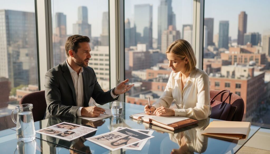 Luxury marketing team consulting in glass office