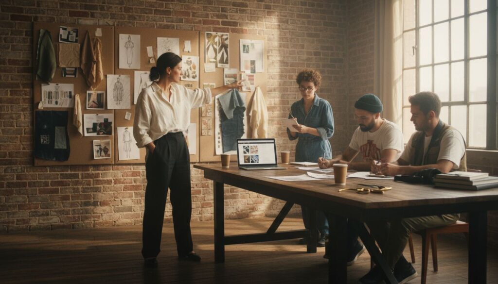 Fashion team reviews mood boards in studio