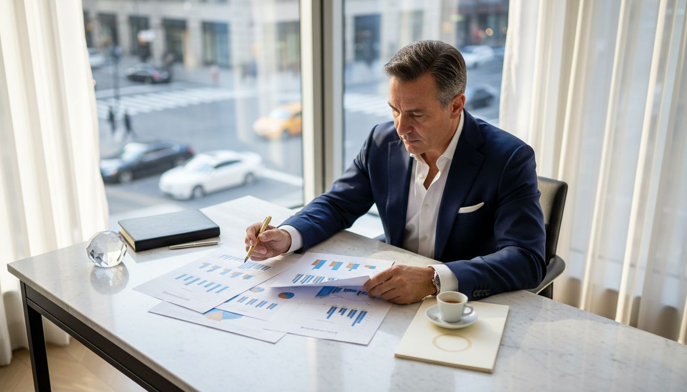 Luxury sales strategist working in high-rise office