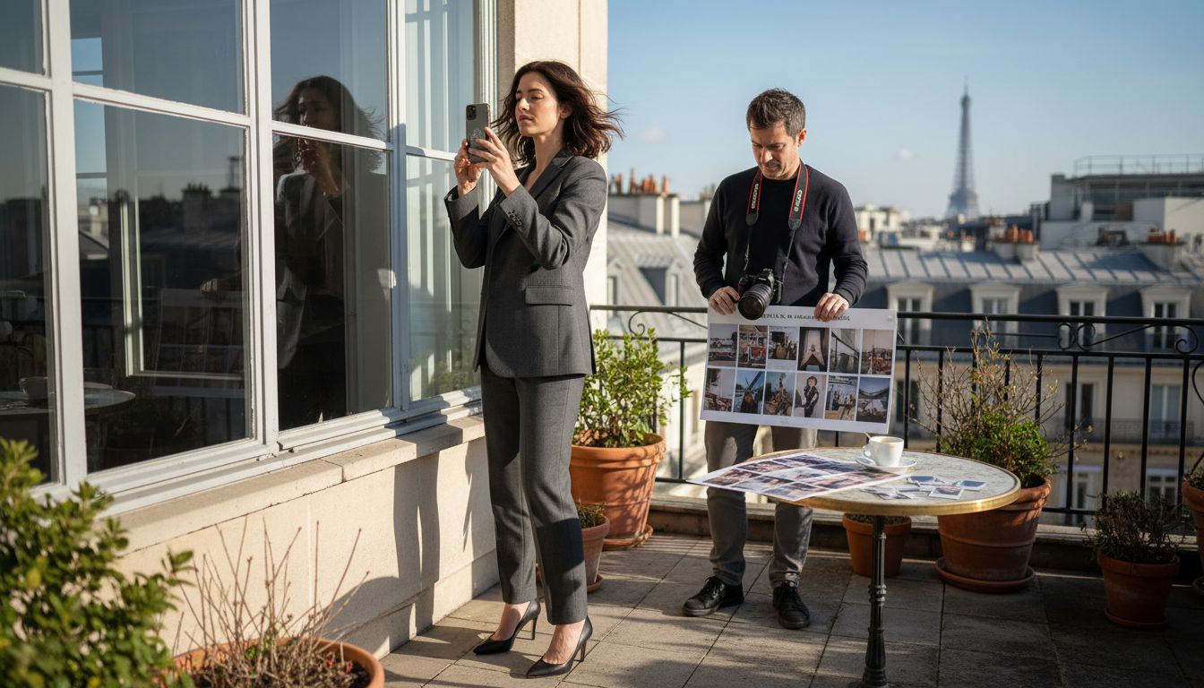 Fashion model with crew on Paris rooftop campaign shoot