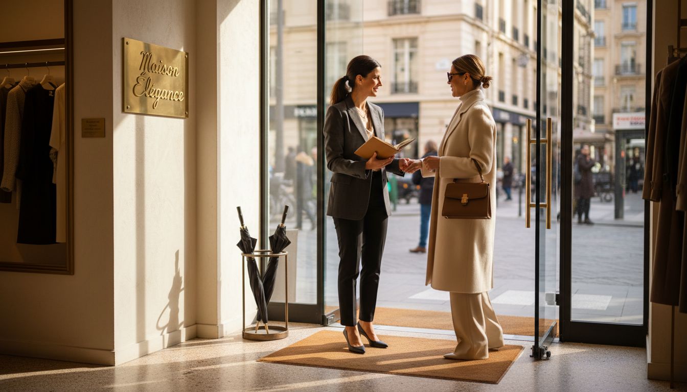 Boutique manager greets client at luxury store