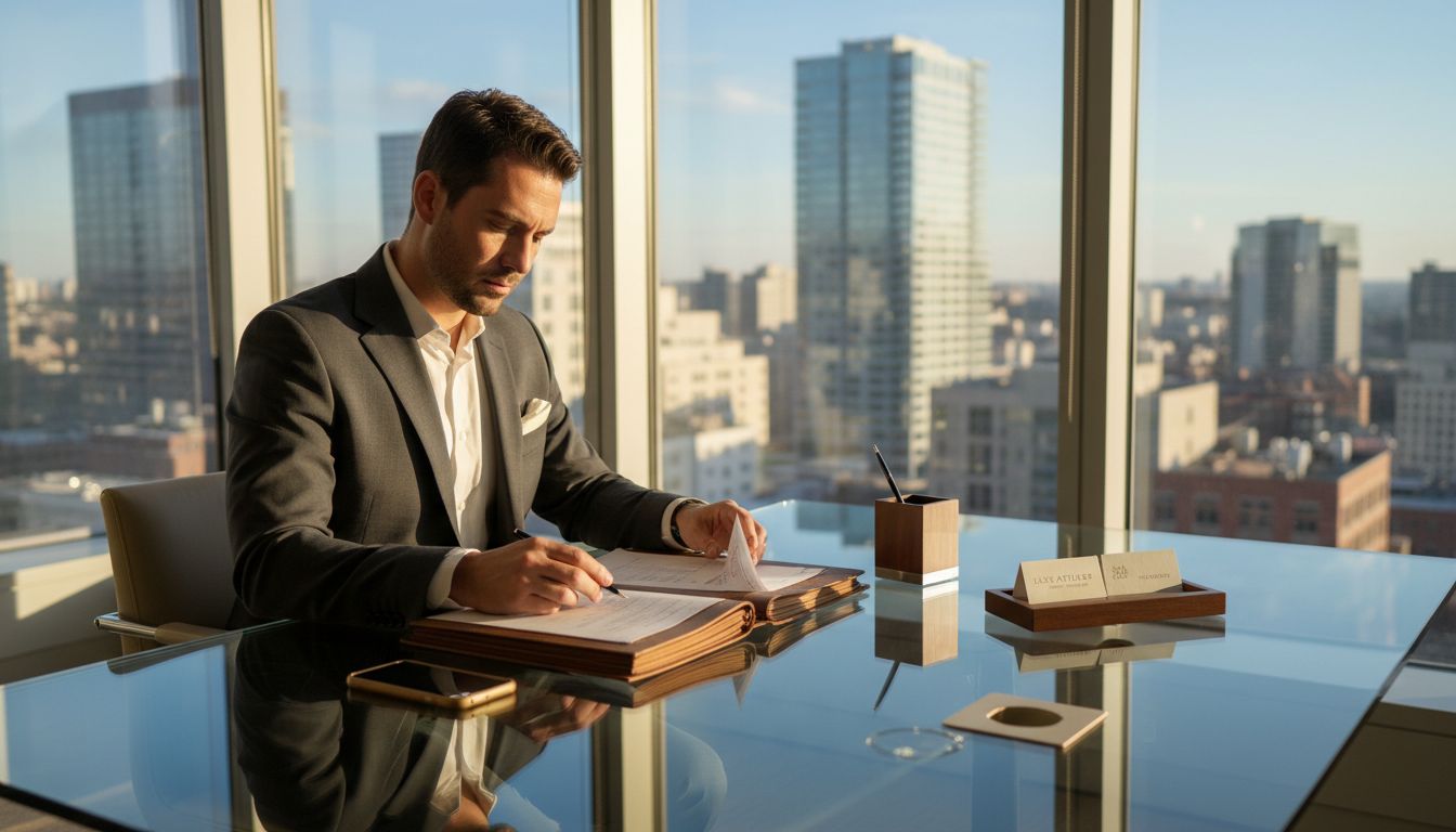 Brand manager at glass desk in luxury office
