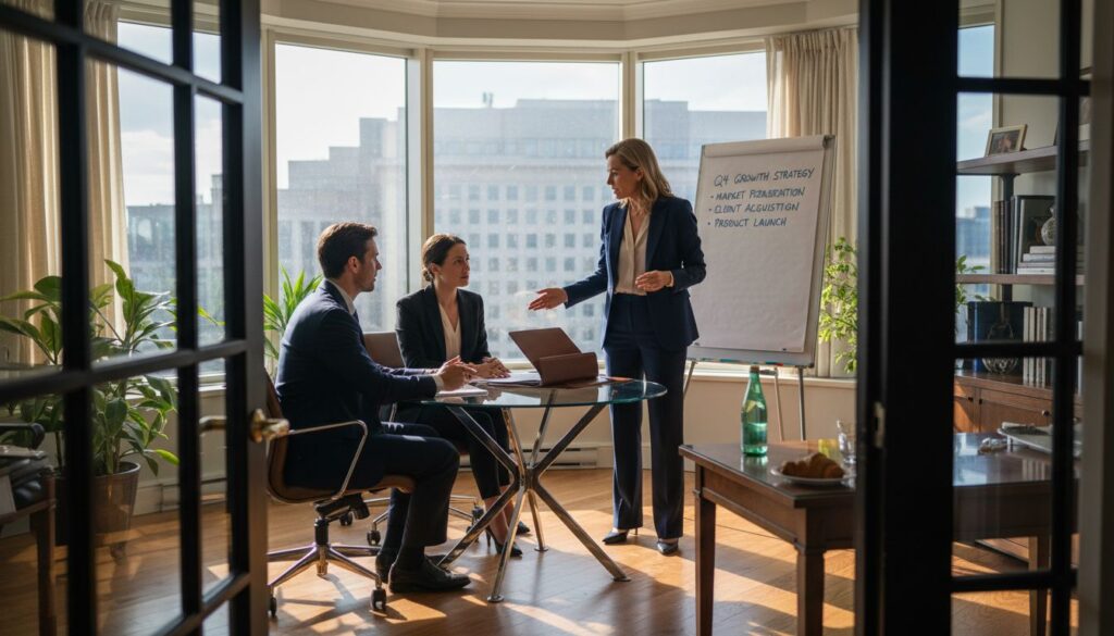 Luxury sales executive meeting clients in sunlit office