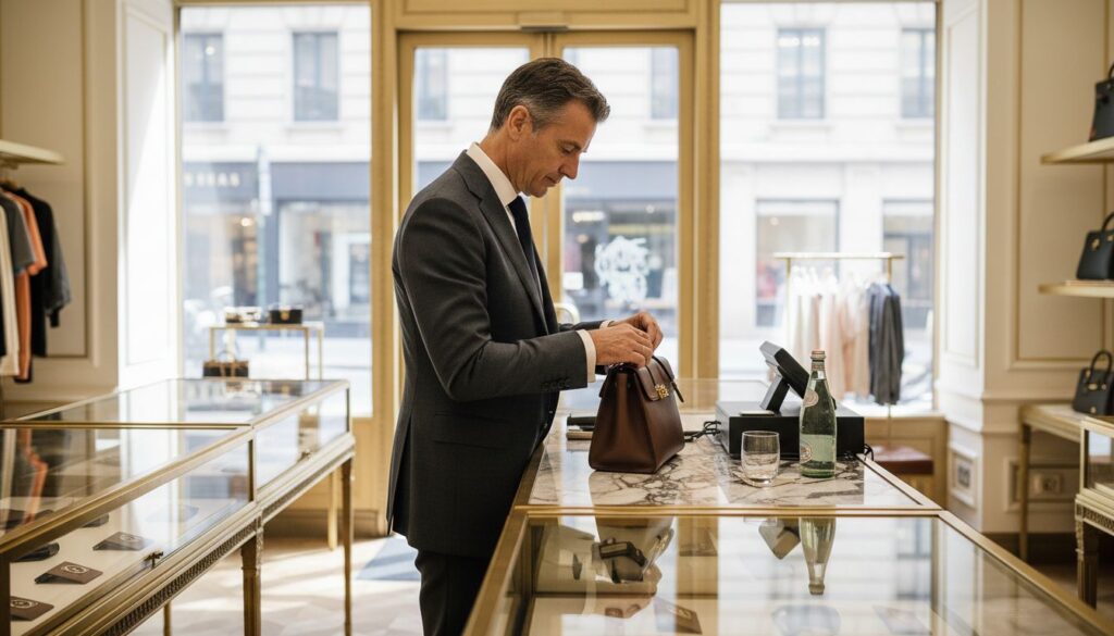 Shopper in boutique evaluating luxury handbag