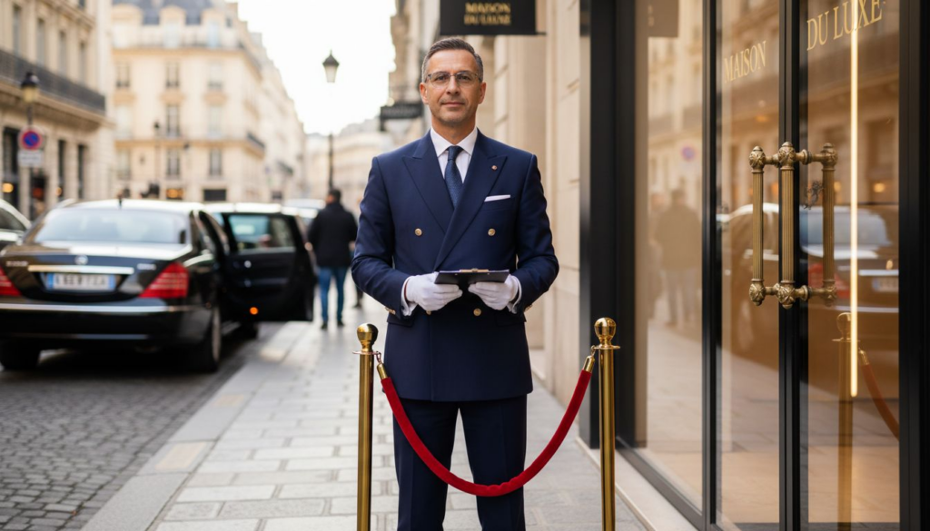 Doorman at luxury boutique velvet rope