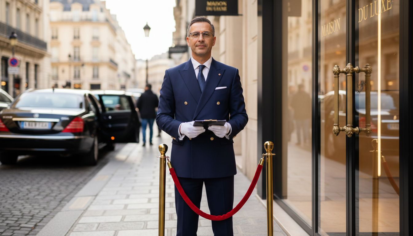 Doorman at luxury boutique velvet rope