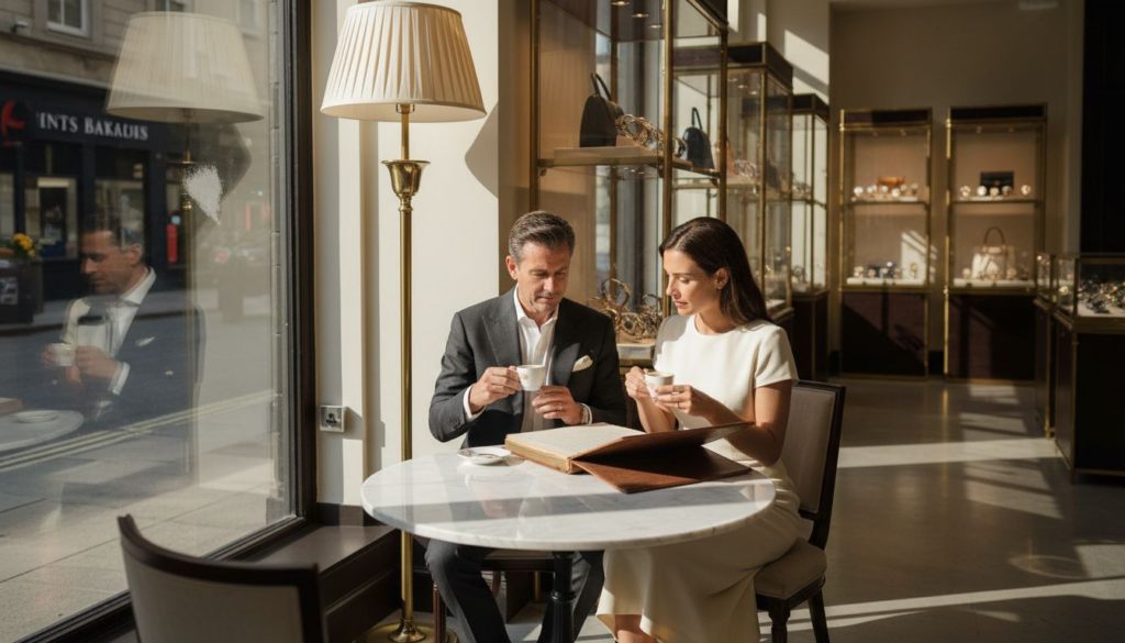 Boutique clients reviewing luxury catalog