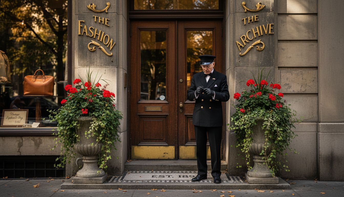Doorman stands outside historic boutique entrance