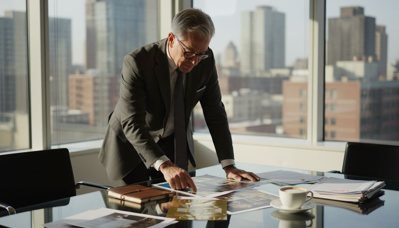 Editor reviewing luxury magazine proofs in office