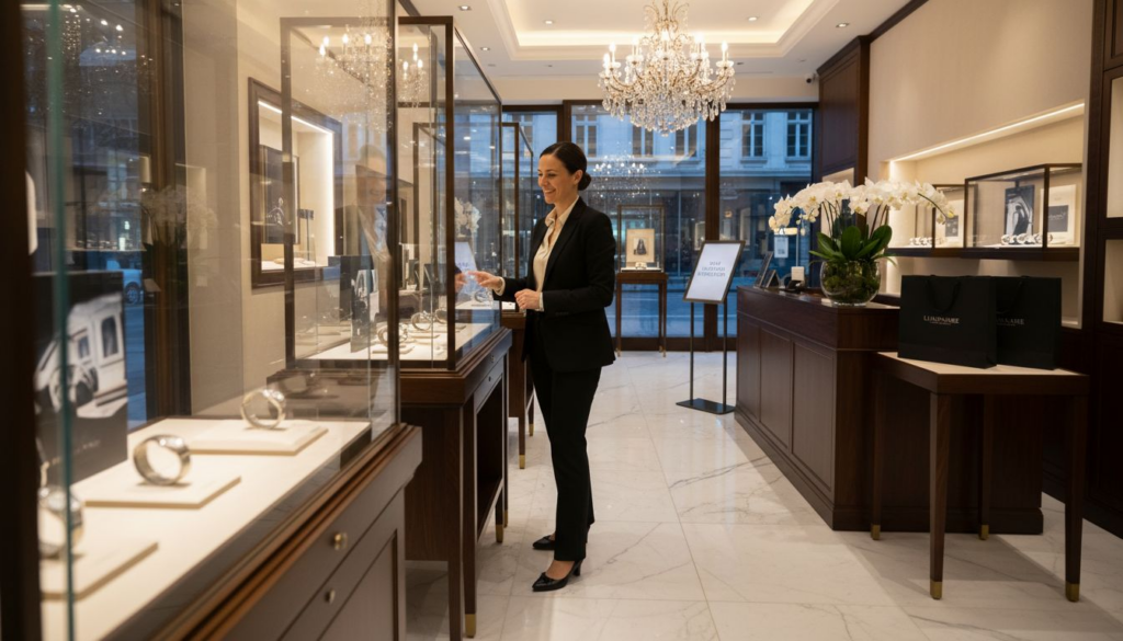 Luxury boutique manager greeting customer warmly