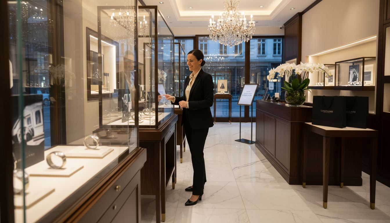 Luxury boutique manager greeting customer warmly