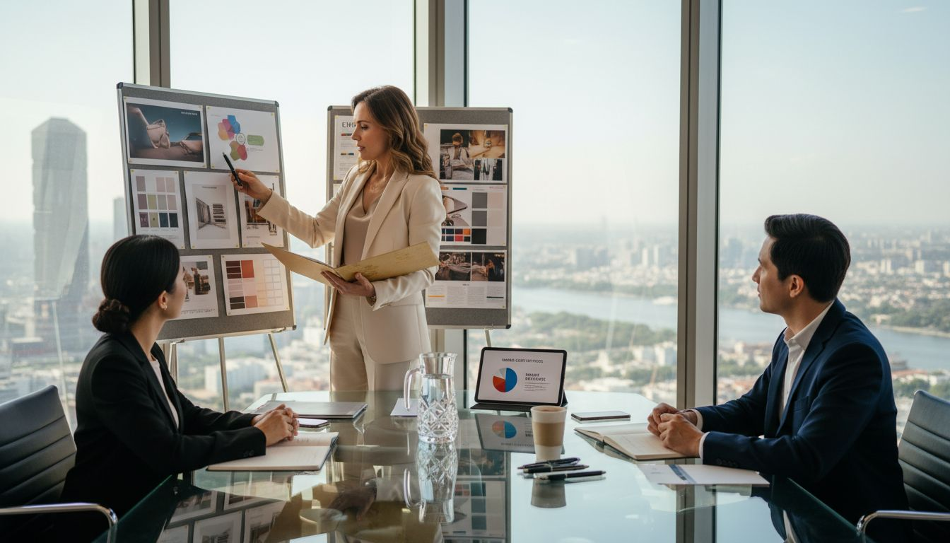 Executive reviews luxury branding materials in office