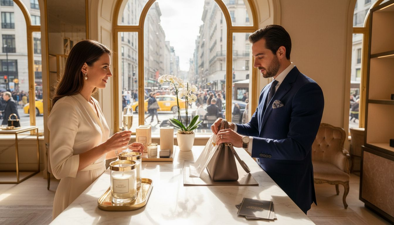 Luxury boutique staff preparing personalized purchase