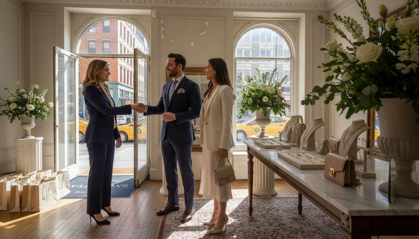 Luxury pop-up boutique greeting stylish clients