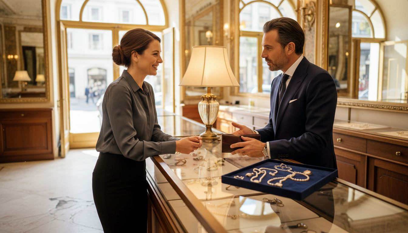 Customer and associate interact in luxury boutique