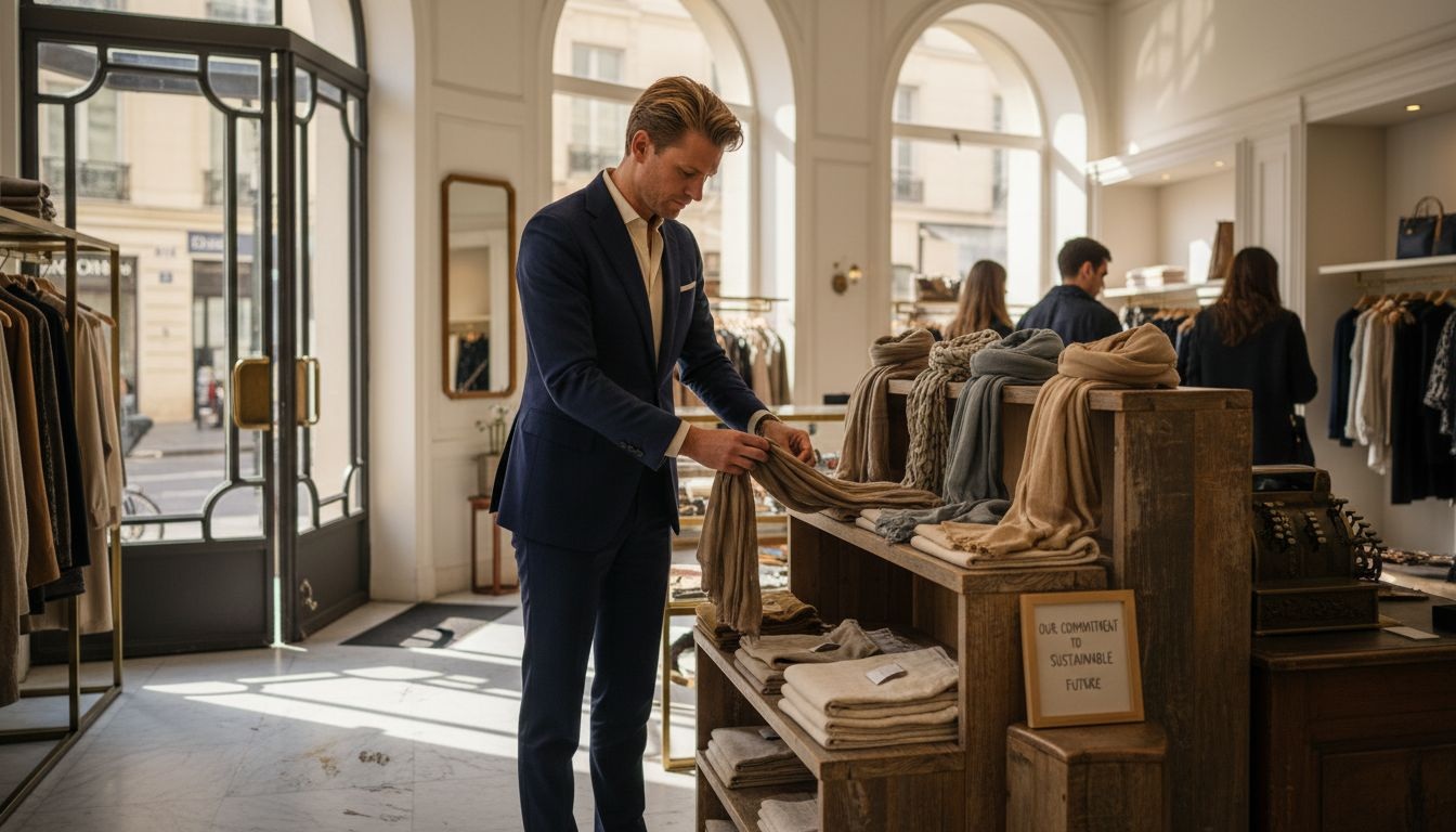 Luxury boutique manager arranging organic scarves