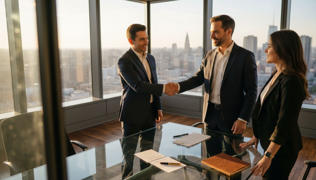 Brand manager greets clients in luxury office
