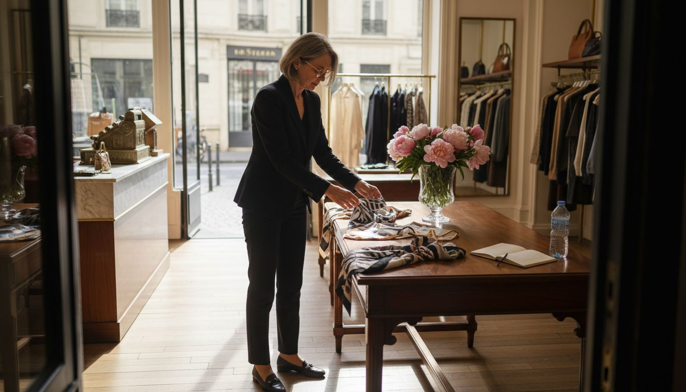 Curator arranging scarves in luxury boutique