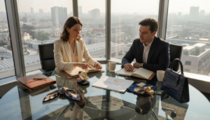 Luxury fashion influencer meeting with brand manager